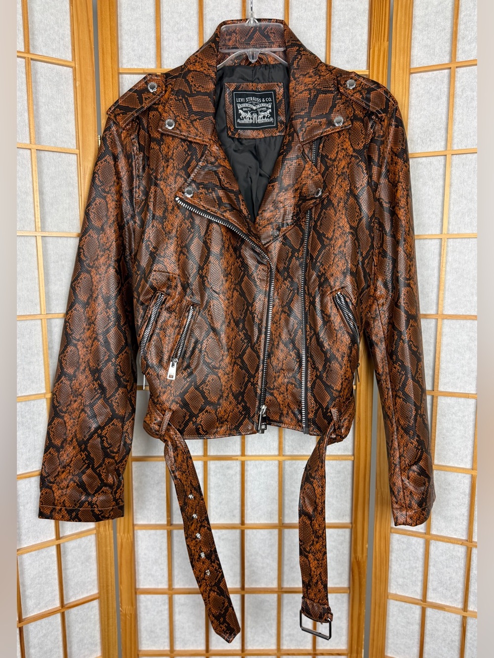 Levi's Snakeskin Faux Leather Moto Jacket Cognac Brown Size L